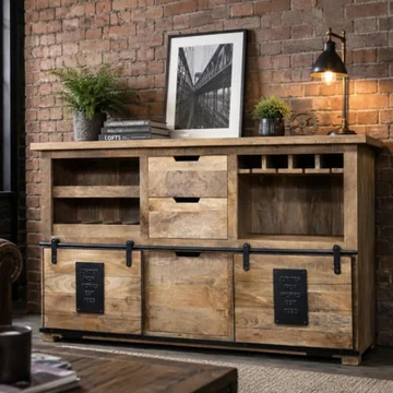 Jupiter industrial wine cabinet - 2 sliding door - 2 drawer - mango wood