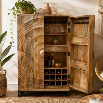 Solstice wine cabinet - 2 door - 2 drawer - carved radial sunburst - rustic - mango wood