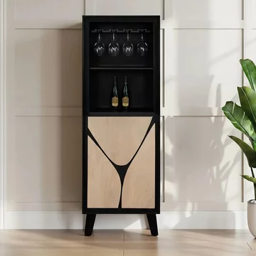 Boho wine cabinet - tall - 1 door - geometric design - natural and black - mango wood