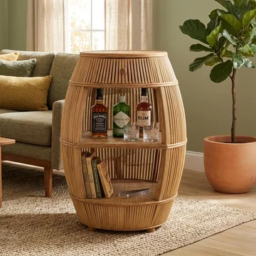 Barrel bar table - 1 drawer - round - natural rattan - bamboo wood