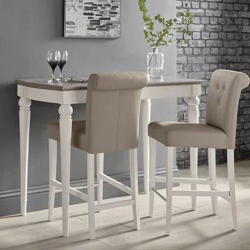 Montreux bar table set - 2 upholstered grey bonded leather barstools - grey washed oak & soft grey