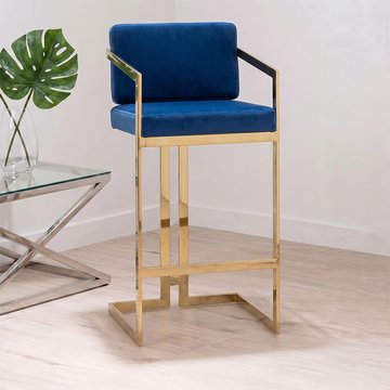 Azalea barstool - set of 2 - blue velvet fabric with gold metal