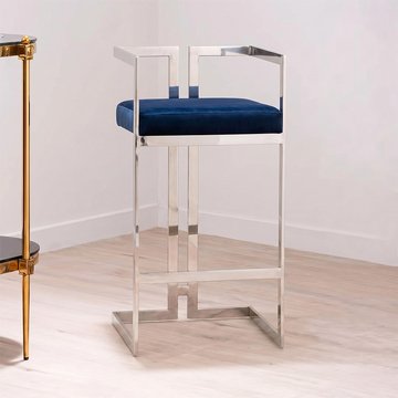 Azalea barstool - set of 2 - blue velvet fabric with silver metal