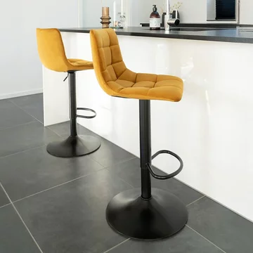 Middelfart barstool - mustard yellow - velvet fabric - set of 2 - adjustable - with back