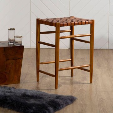 Kendari barstool - brown leather with teak wood
