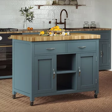 Blue kitchen island - butchers block