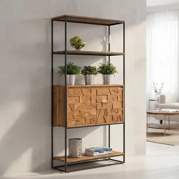 Axis acacia wood bookcase with cupboard - geometric