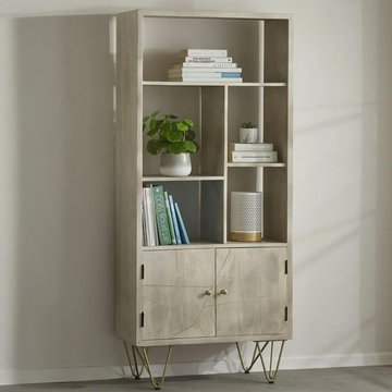 Bookcase - with cupboard - hairpin legs - gold geometric inlay - light mango wood