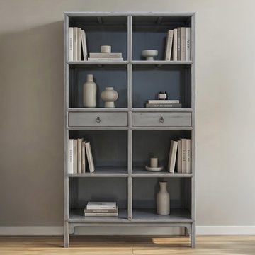 Unique one of a kind - bookcase - 2 drawer - vintage grey - lacquered pine wood