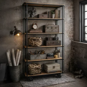 Industrial shelving unit - tall - black - on wheels - wood and metal