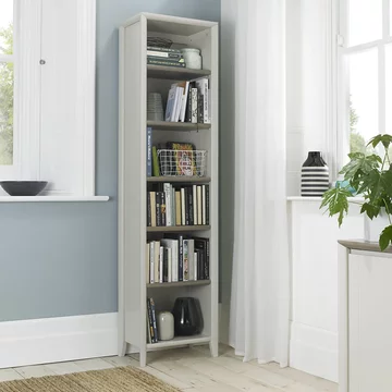 Bergen grey washed oak & soft grey narrow bookcase