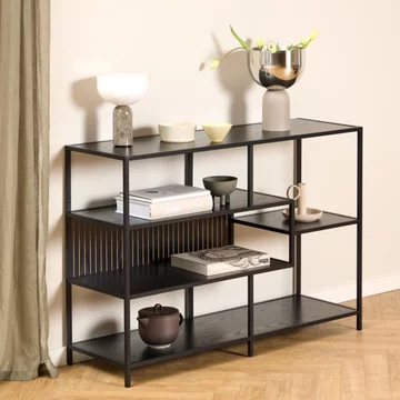 Seaford shelving unit - low - slatted - black melamine and metal