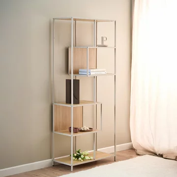 Seaford shelving unit - tall - slatted - oak and grey metal