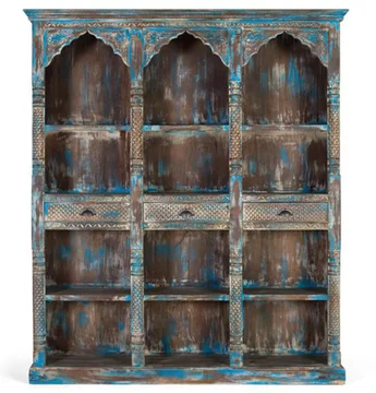 Sondrio shelving unit - antique blue - carved mango wood - large