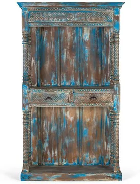 Sondrio shelving unit - antique blue - carved mango wood