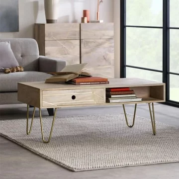 Coffee table - 1 drawer - hairpin legs - gold geometric inlay - light mango wood