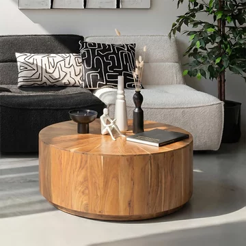 Coffee table - round - drum base - natural - acacia wood