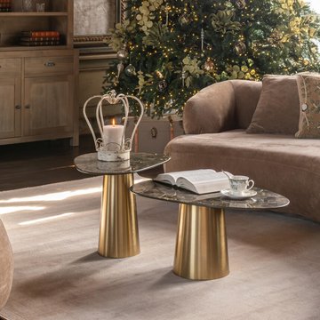 Coffee table - set of 2 - cone base - bronze and taupe - marble effect and metal