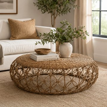 Saucer coffee table - round - large - natural - rattan