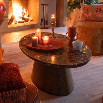 Coffee table - oval - large - brown - marble and mango wood