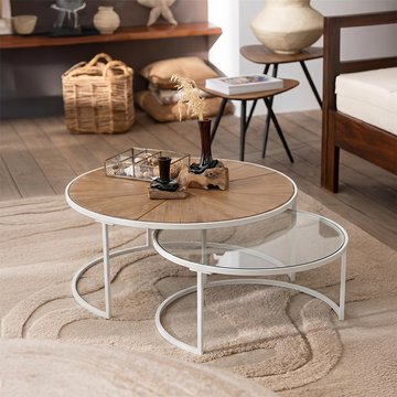 Relax coffee table - round - 2 tier - natural and white metal - glass and wood