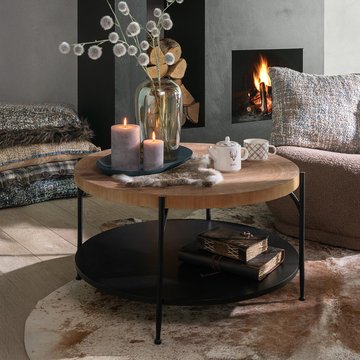 Voni cofee table - round - natural and black - wood and metal