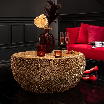 Coffee table - round - low - coral pattern - gold fretwork - aluminium