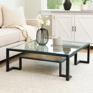 Cibo coffee table - square - clear glass with black metal - with shelf