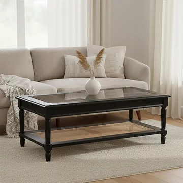 Corso coffee table - clear glass with black wood and rattan shelf