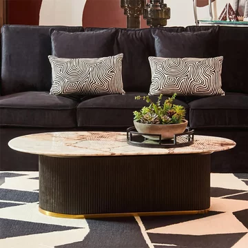 Doha coffee table - white marble oval with black fluted base