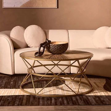 Jodi coffee table - round - elm wood and gold metal