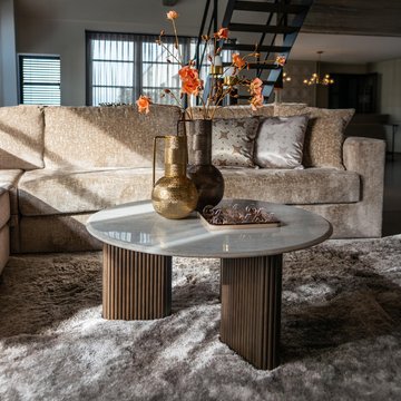 Mayfield white marble top round coffee table - dark wood fluted base