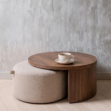 Windsor coffee table - 2 tier - round - beige and walnut - wood and fabric