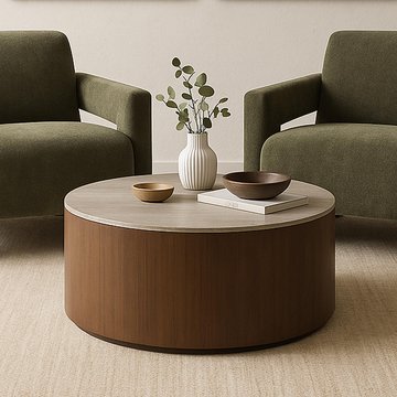 Willow coffee table - round - tobacco walnut and beige - wood and marble effect