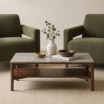 Willow coffee table - tobacco walnut and beige - wood and marble effect