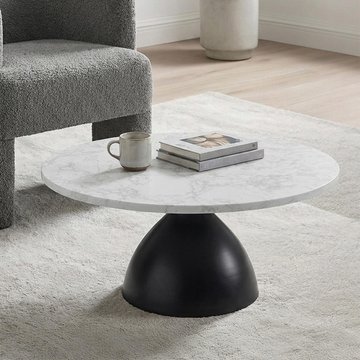 Hazel coffee table - round - column base - white and black - marble effect and metal