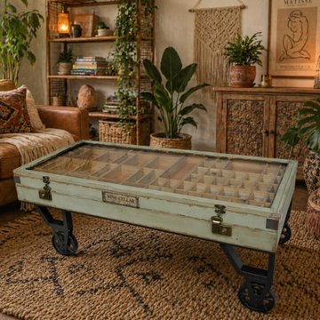 Coffee table - 1 door - on wheels - glass and recycled wood