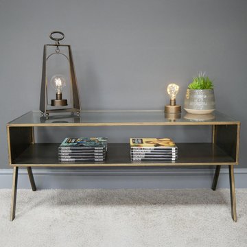 Coffee table - antique gold - glass and metal