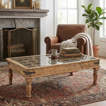 Unique one of a kind - hand carved coffee table - rustic - brown - glass and wooden