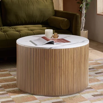 Russo coffee table - fluted base - round - white and natural - marble top and wooden