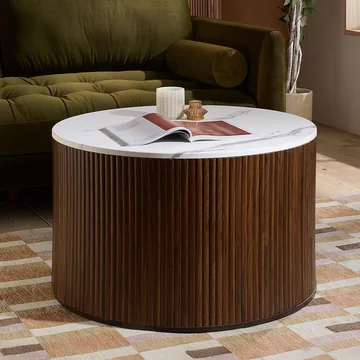 Russo coffee table - fluted base - round - white and walnut - marble top and wooden