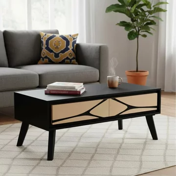 Boho coffee table - low - 2 drawer - geometric design - natural and black - mango wood