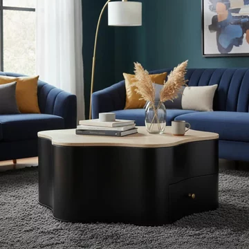 Boho coffee table - low - 1 drawer - organic - natural and black - mango wood