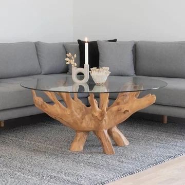 Amazonas coffee table - round - glass and teak root