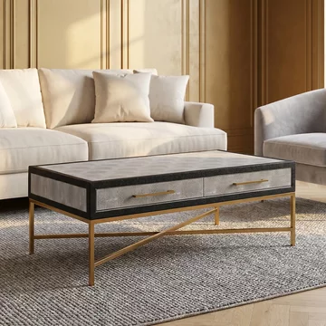 Cadio coffee table - 2 drawer - grey faux shagreen with gold legs