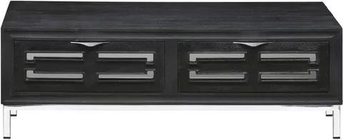Clearance - geo storage coffee table - 2 drawer - black painted mirrored - chrome base
