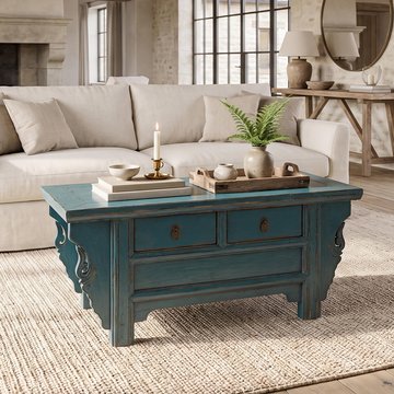 Unique one of a kind - coffee table - 2 drawer - distressed turquoise blue - lacquered pine