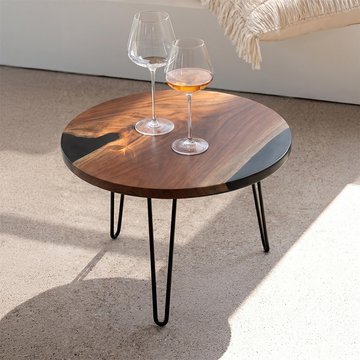 Coffee table - round - small - hairpin leg - natural and black - acacia wood and metal