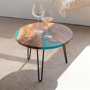 Coffee table - round - small - hairpin leg - natural and blue - acacia wood and metal