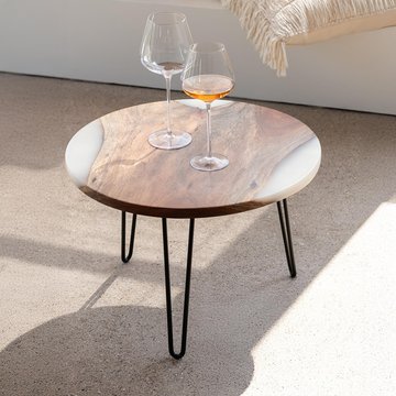 Coffee table - round - small - hairpin leg - natural and white - acacia wood and metal